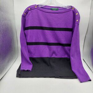 Lauren Ralph Lauren Womens Sweater Size Medium Purple Black Gold Button Accents